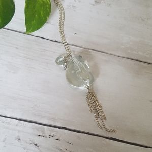 Glass Stone Drop Silver Necklace with Tassels